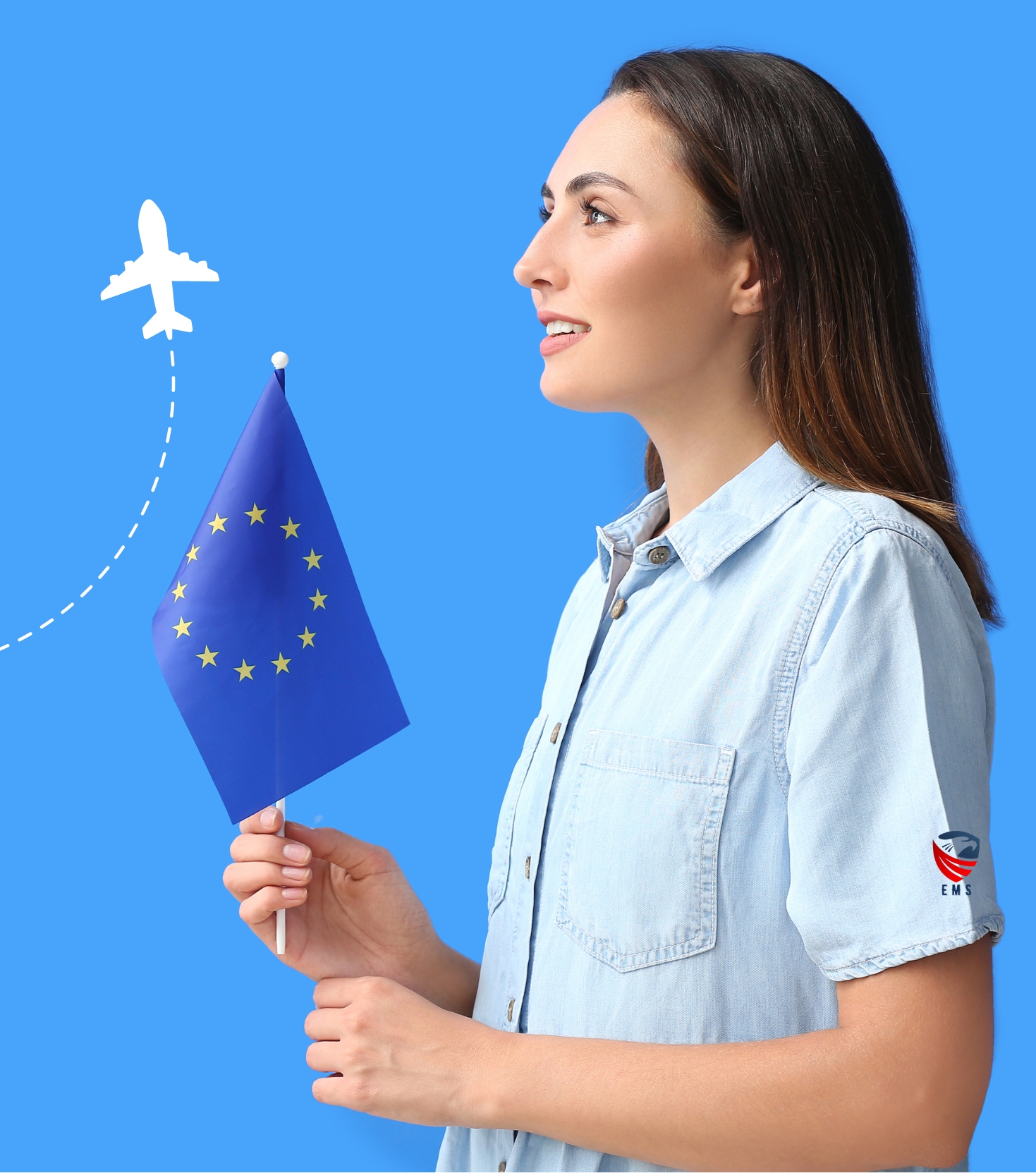 A woman holding a European flag and planning to visit Schengen country