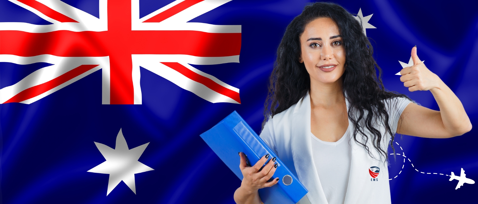 Female with Australian flag, symbolizing visit visa to Australia.