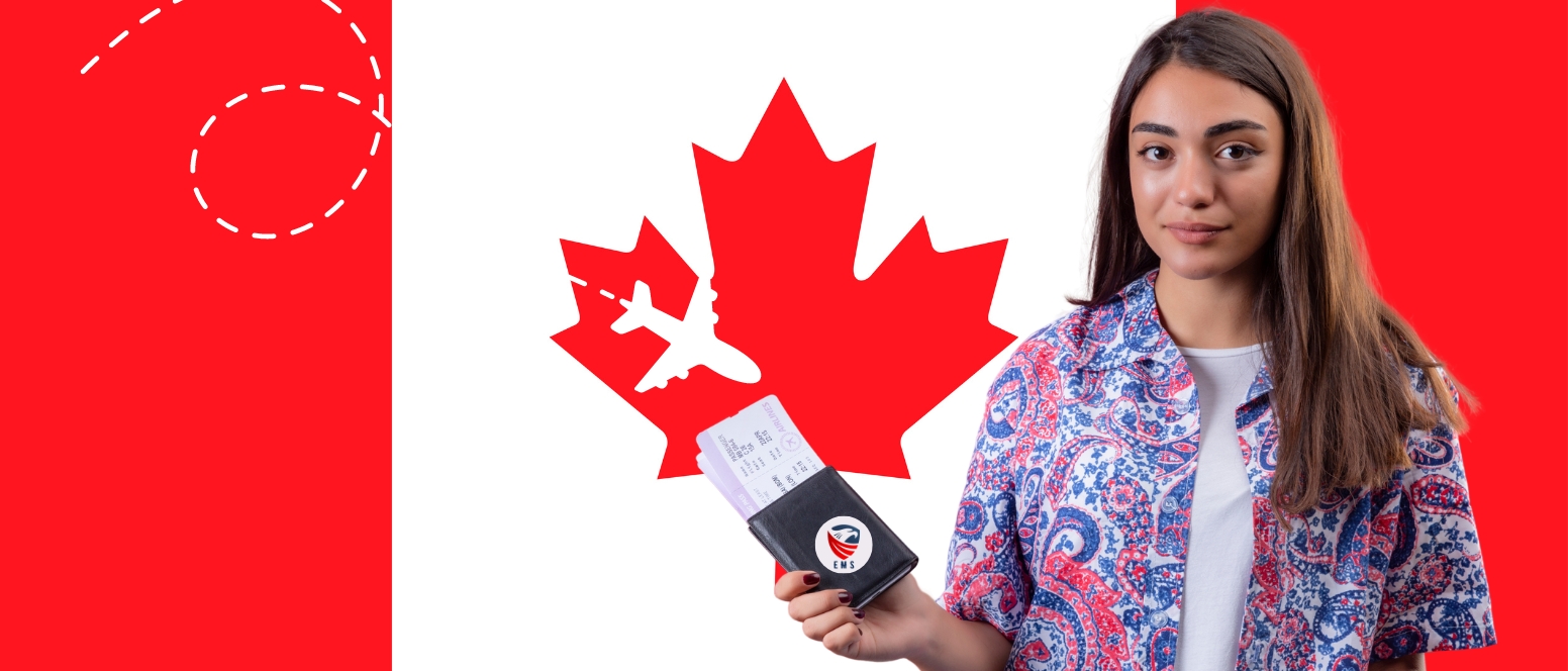 Young woman with Canadian passport and flag, representing Canada visit visa.
