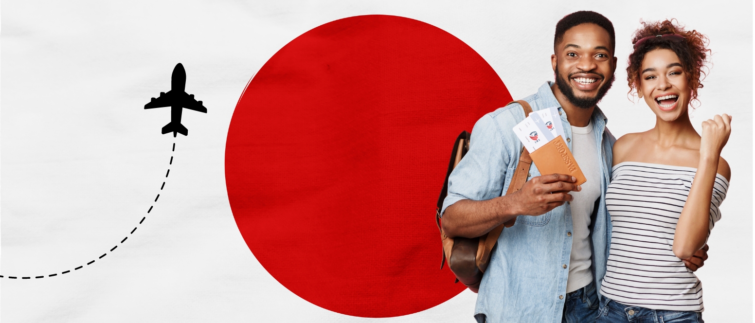 Couple standing in front of Japanese flag with airplane flying over, symbolizing Japan visit visa.