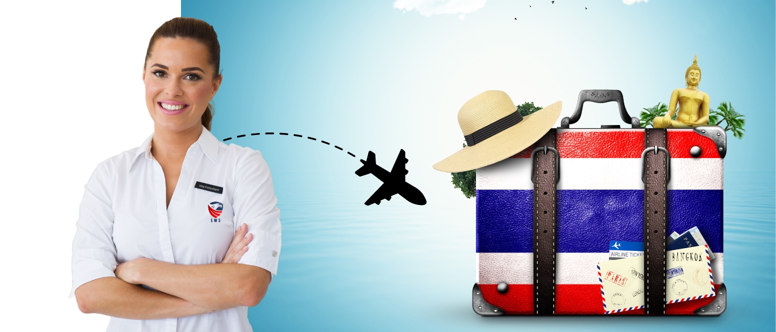 A lady wearing a white shirt and hat, holding a suitcase by plane, excited to visit Thailand as she gets her visit visa for Dubai 