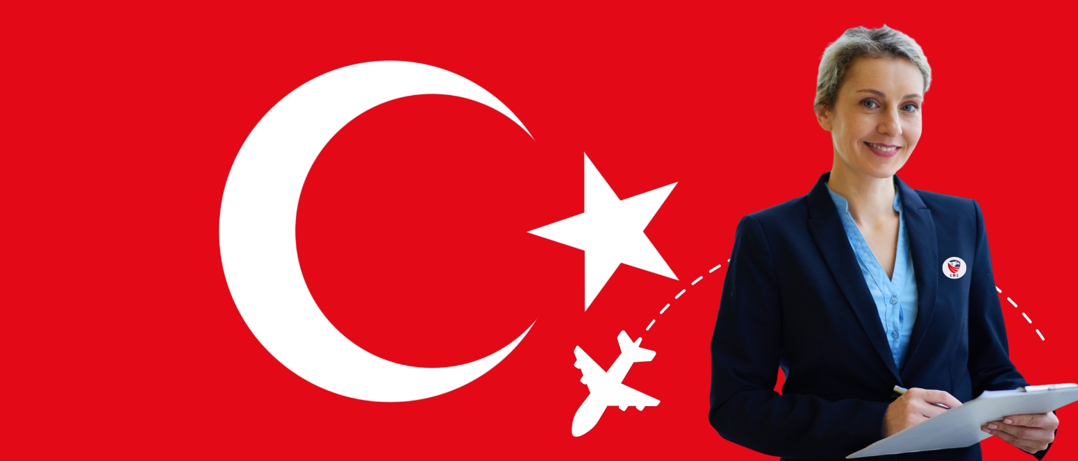 Professional female with Turkey visit visa, standing by national flag